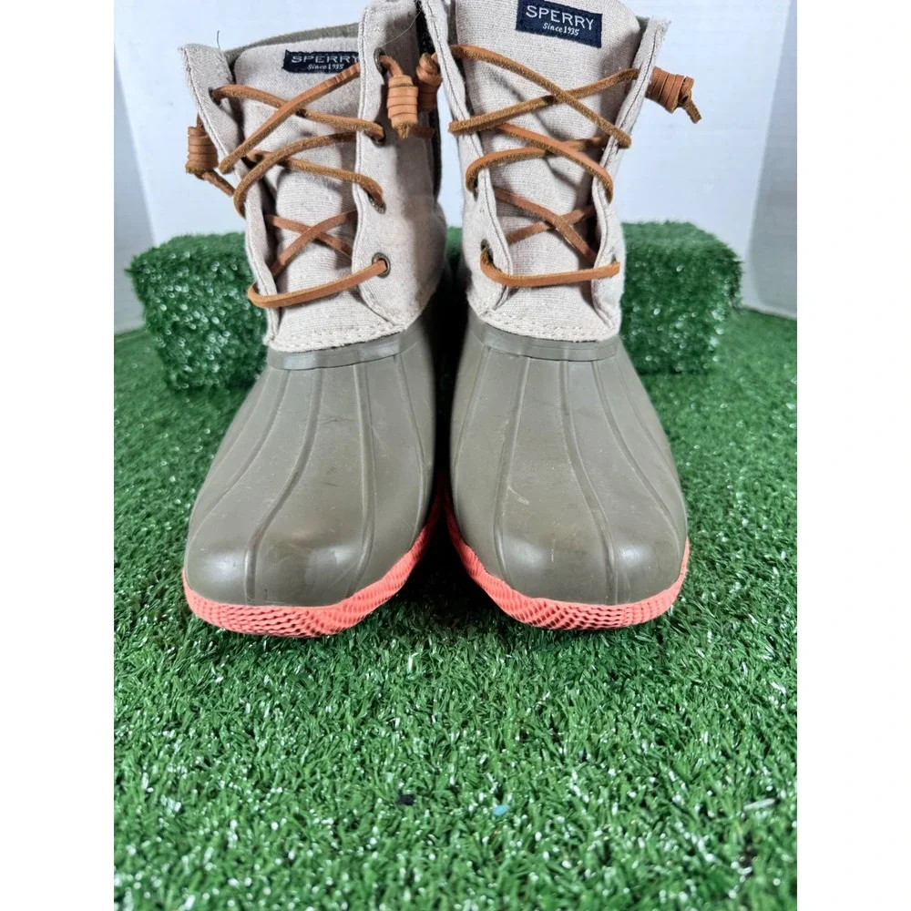 Sperry‎ Saltwater Duck Boots Womens 8.5 Olive Green Beige Canvas Coral STS95346